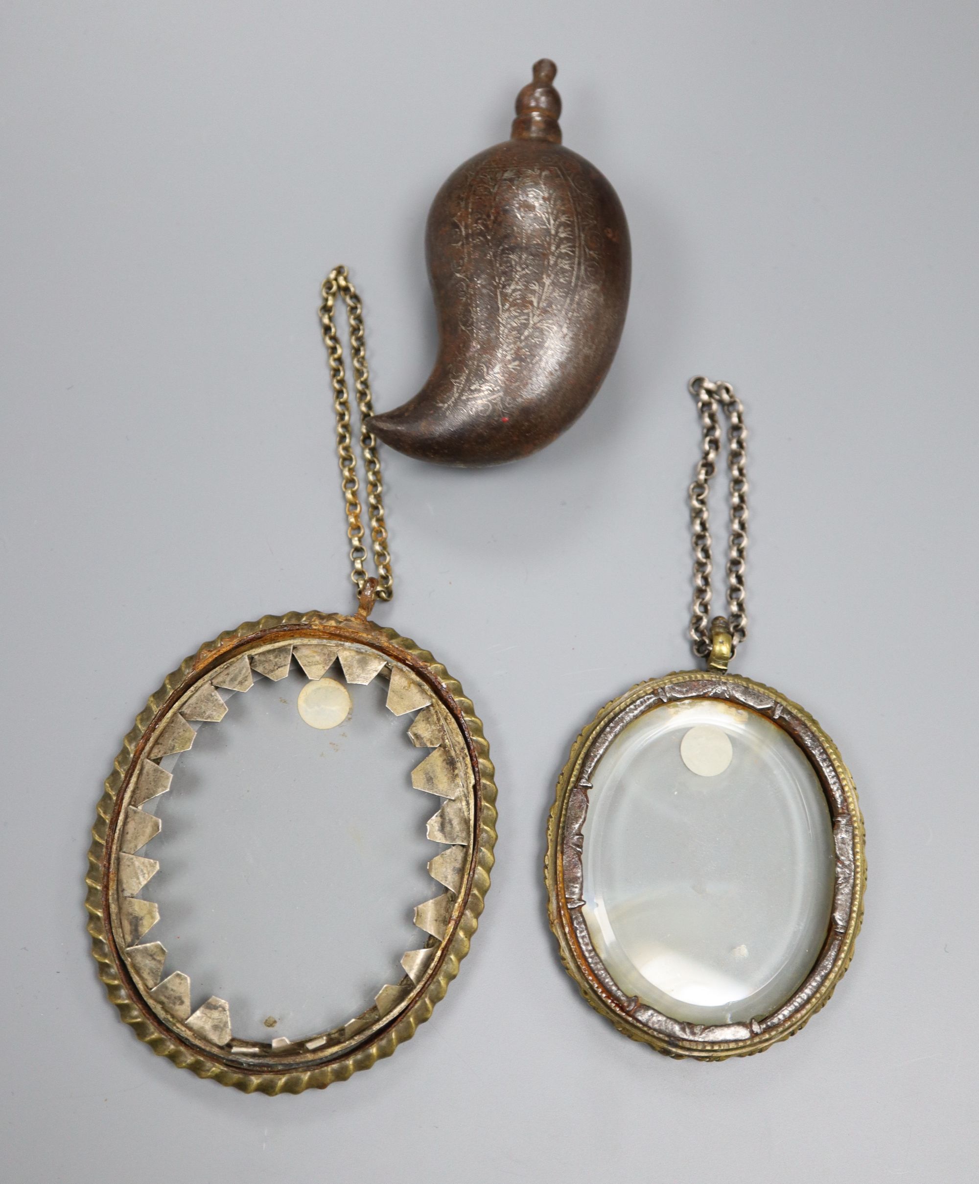 Two early miniature frames and a Bidri ware scent bottle